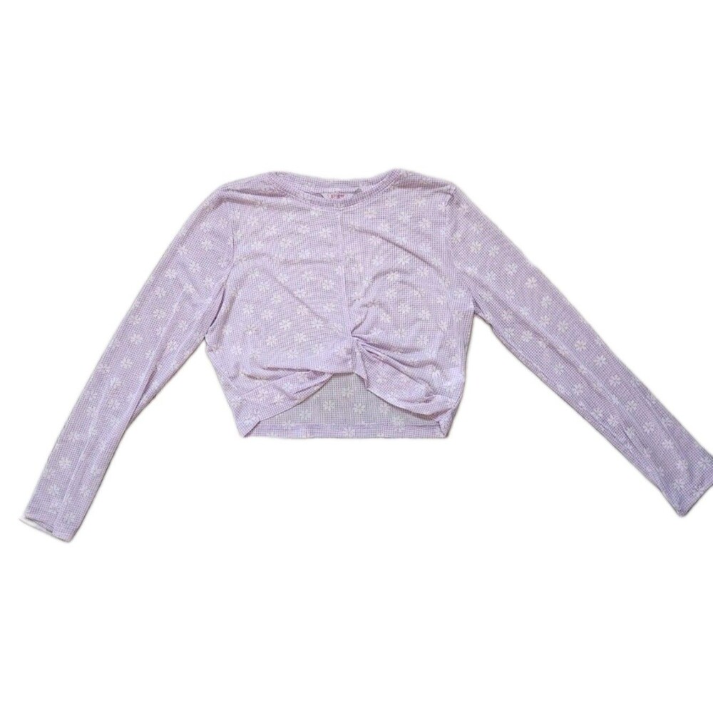 Ginger Mesh Crop Top Purple Check Floral Front Knot Long Sleeve Crewneck Sz L